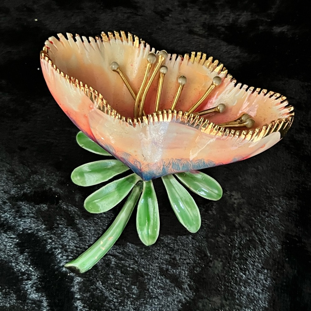 Vintage Large Salmon/Green Floral Brooch.